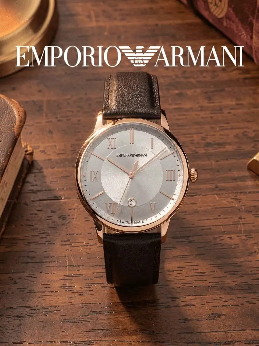 Emporio Armani ARS5000 Men Quartz Watch, Rose Gold Case, Silver Roman Dial with Date, Leather Strap, 5ATM Waterproof Wristwatch