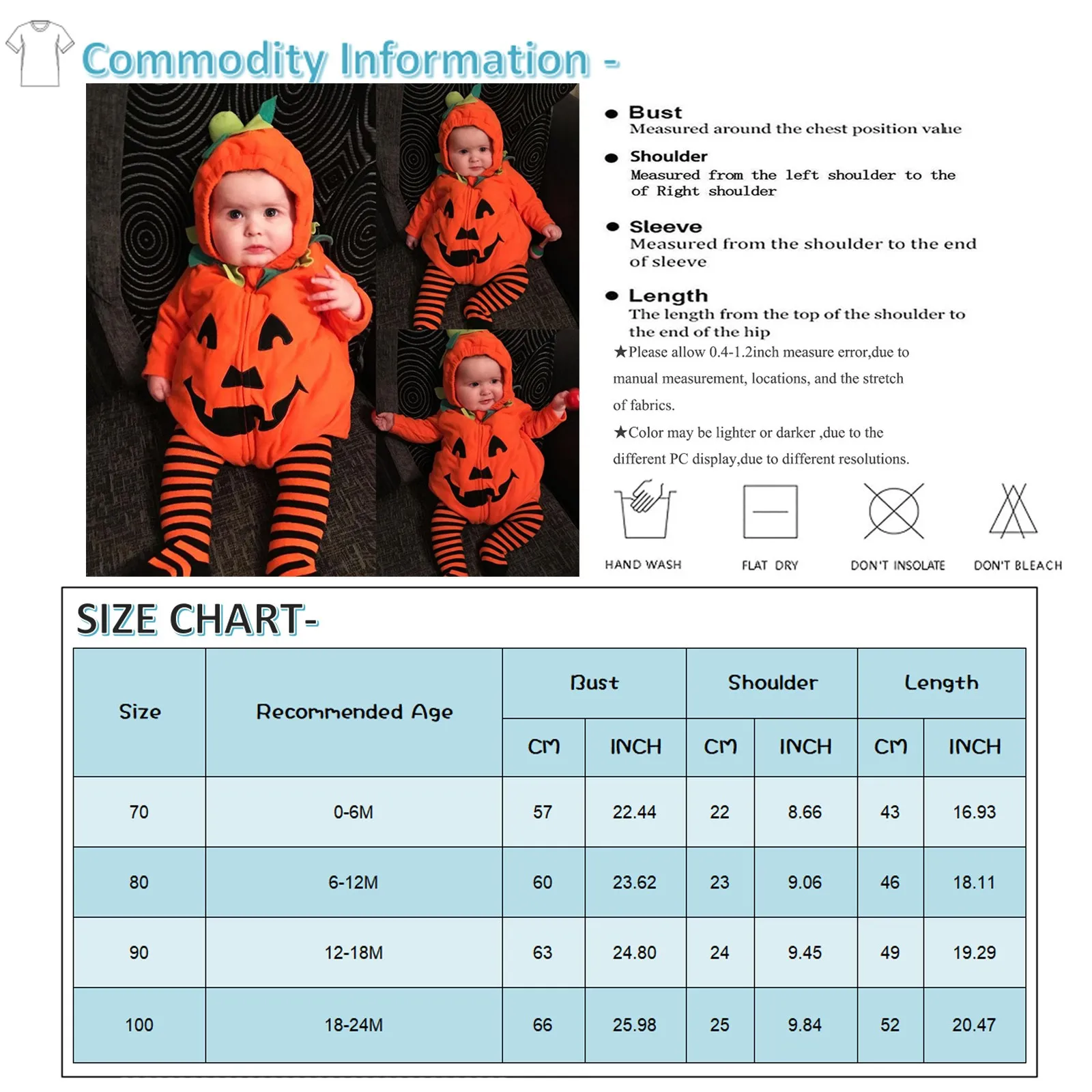 Children\'s Halloween New Long-Sleeved Cute Cushaw Shape Hooded Zipper One-Piece Romper