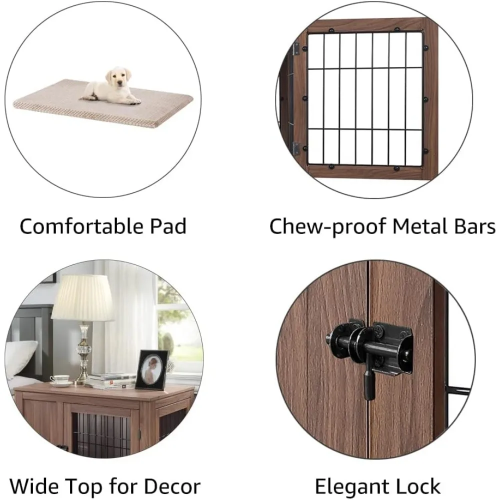 صندوق كلب سلكي خشبي متوسط مع وسادة وأبواب مزدوجة، بيت للحيوانات الأليفة على طراز الأثاث مقاس 36 بوصة