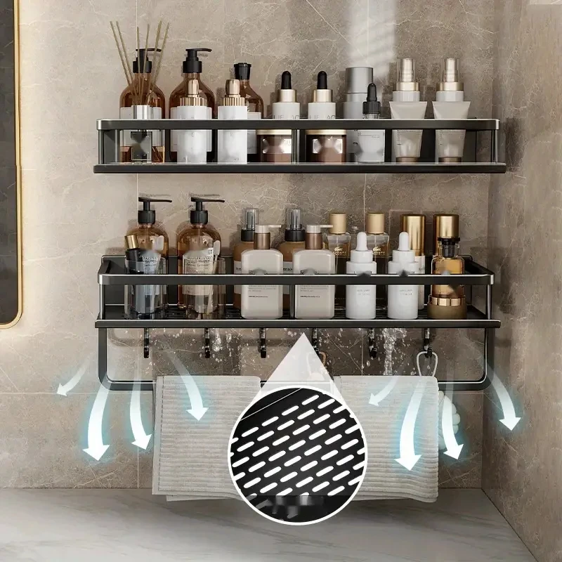 1 Piece Bathroom Shelf Sink Shampoo Bottle Cosmetics Storage Rack Towel Cloth Hook Space Saving Aluminum Rack Wall-Mounted Home