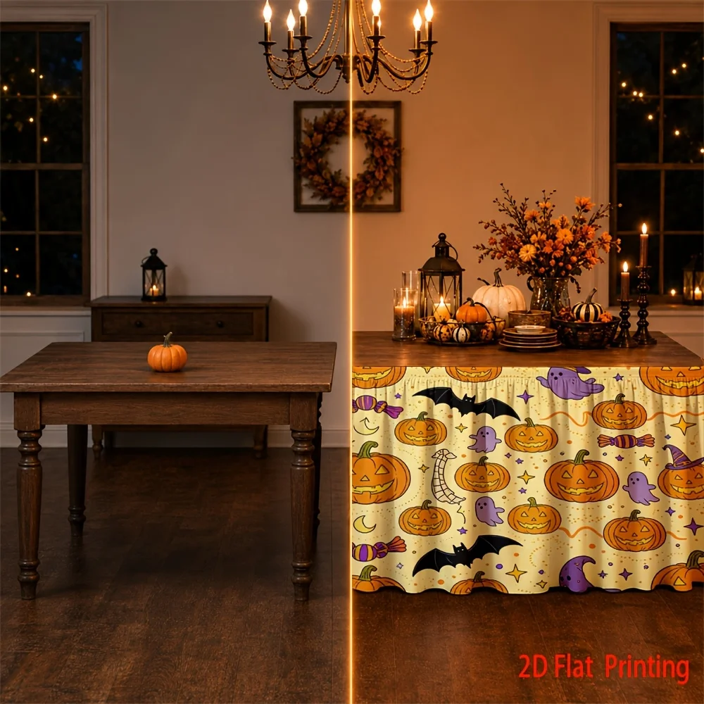 2D flat-printed table skirt with Halloween pumpkin, bat and ghost sugar corn pattern printed on polyester fabriczyc