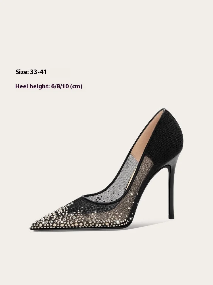 

Flat-soled thin-heeled wedding shoes spring and summer pointed mesh rhinestone sandals banquet large size small size women shoes