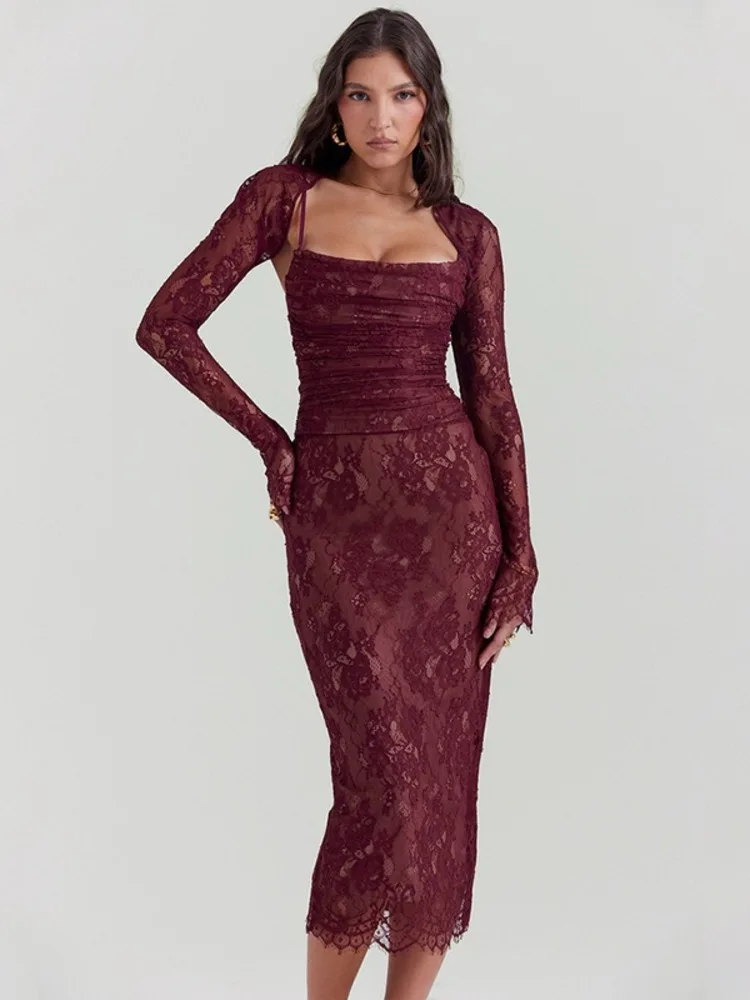 Articat Elegant Lace Patchwork Dress Set 2024 Women New Sexy Long Sleeved Kam Slim High Waist Suspended Dress Set Summer