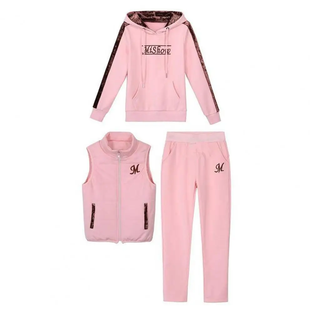 3Pcs/Set Jogging Suits Women Hoodie Jogging Pants Zipper Vest Suit Patchwork Color Casual Outfit