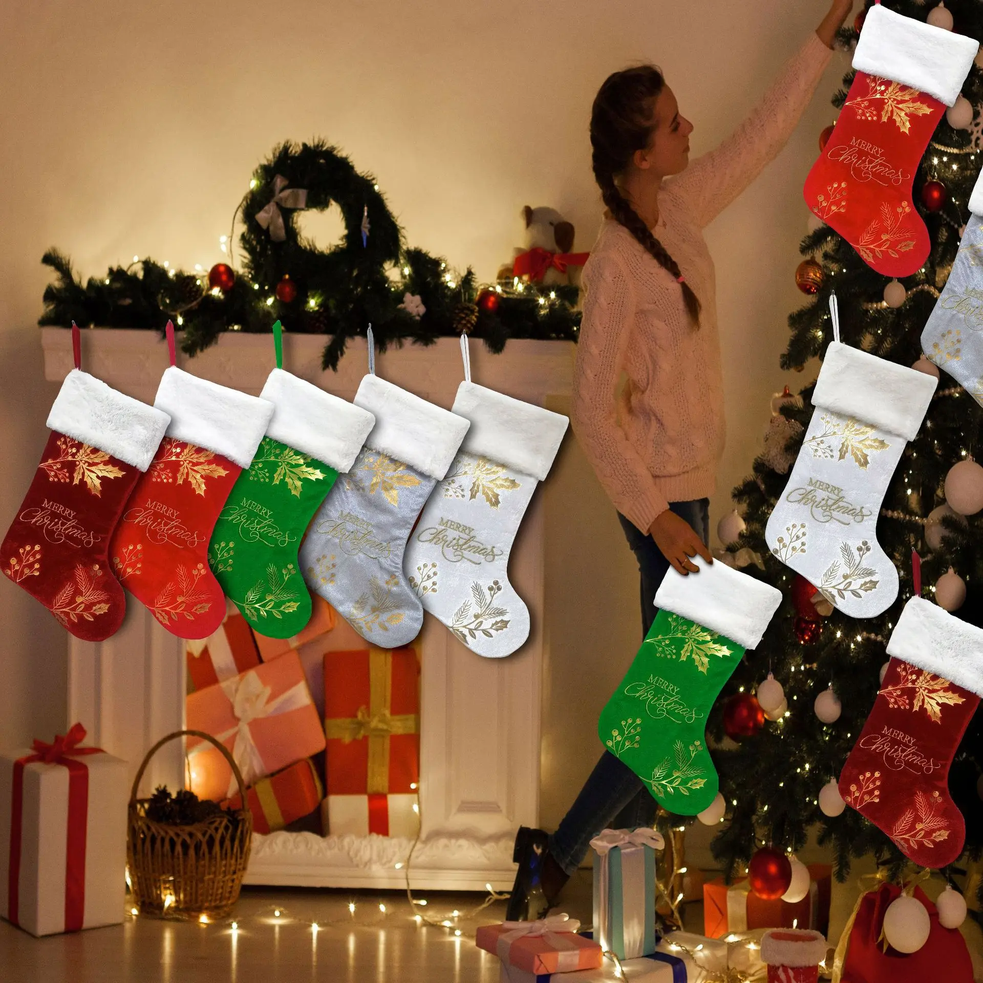 

Cozy Knit Christmas Stocking for Candy & Gifts Festive Xmas Sock for Fireplace Mantel and Tree Decor Holiday Home Ornament