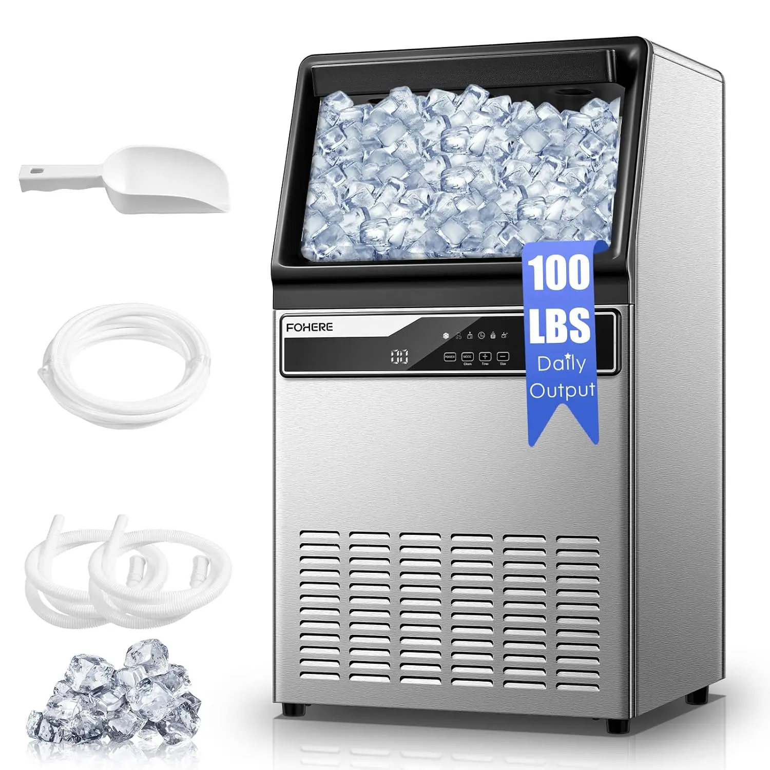 Commercial Ice Maker Machine  , -   Under Counter Ice Machine with 33lbs Storage Capacity, Freestanding Ice Maker FOHERE, Silver