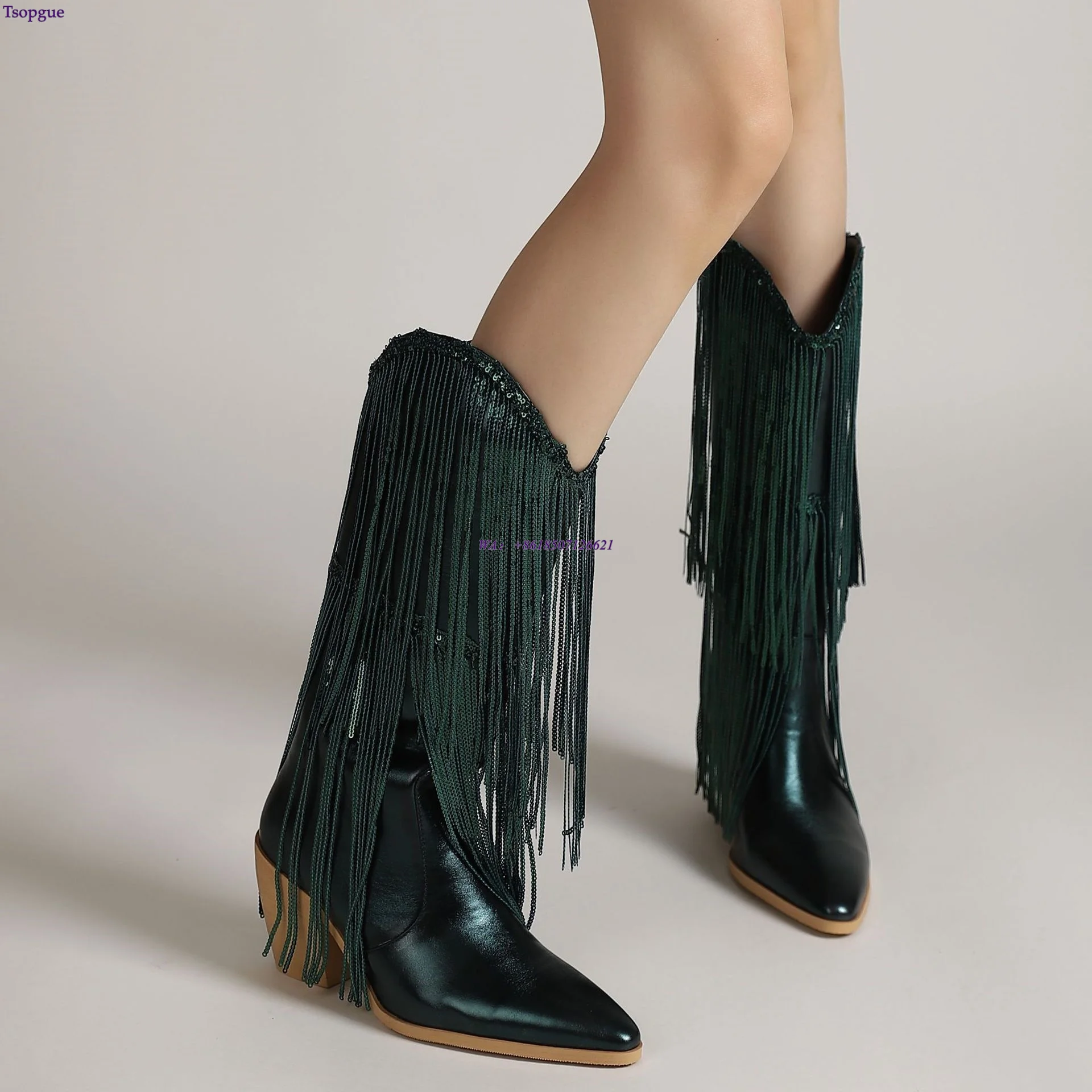 Women's Large Size Sequin Tassel Pointed Toe Knee High Boots with Thick Heel Fashionable High Heel Sleeve for Stylish Footwear