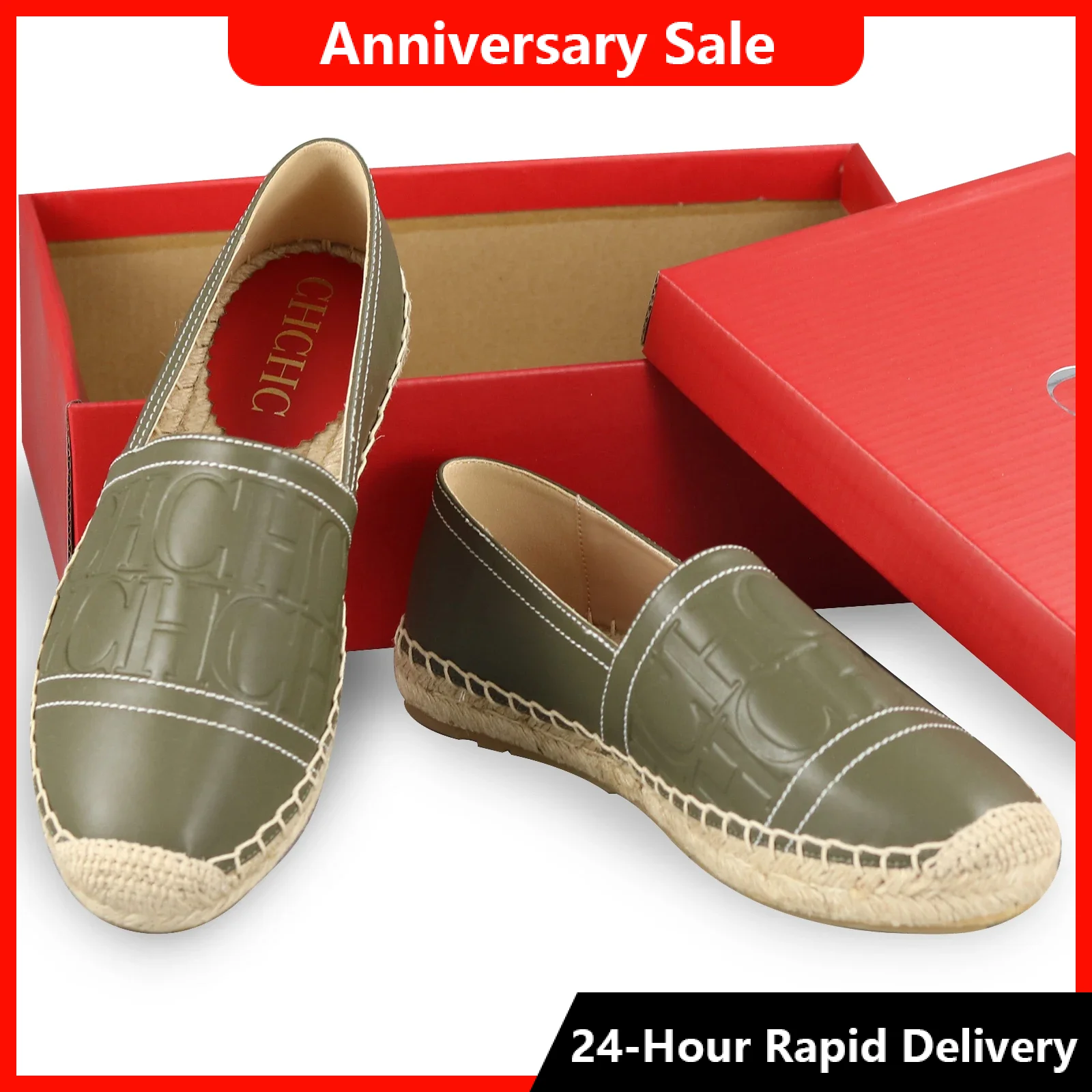 Zapatos Espadrilles Clásicos Marca CH, Parte Superior de Cuero Premium con Logotipo Grabado, Diseño Cómodo de Calzado Fácil, Uso Diario Casual y Elegante