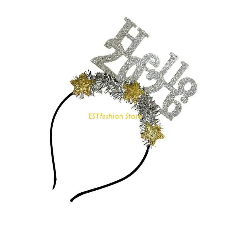 Y5GC 해피 뉴 이어 헤어 밴드 글리터 2026 년 헤어 후프 축제 이벤트 파티 사진 소품 헤드 피스를위한 편안한 모자를 쓰고 있죠