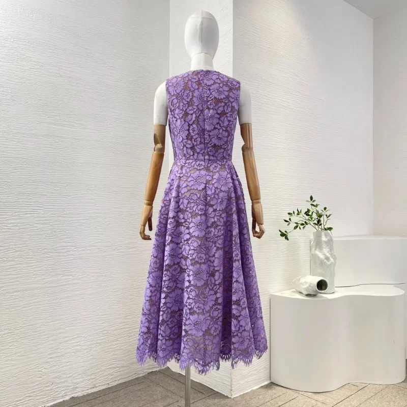 Purple/red/blue/green Hollow Out Sleeveless Lace Floral Patchwork Scalloped Edges Midi Dresses for Women 2025