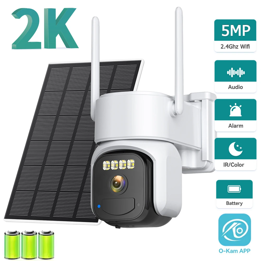Solar 5MP Wireless Security Camera 360° PTZ 5X Zoom Two-way Audio PIR Human Detection Color Night Vision Built-in Battery O-KAM