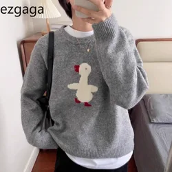 Ezgaga sweter sweter damski kreskówka kaczka moda jesienno-zimowa O Neck Stretch luźna dzianina damski słodki swobodny sweter