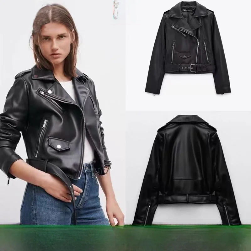 

New Autumn Women's Motorcycle Style Faux Leather Jacket Coat Short Outerwear Waterproof Collar Zipper Closure Pure Color