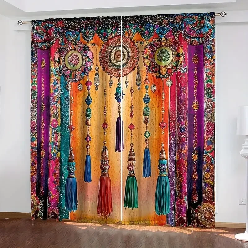 2pcs- Bohemian-style ruffled pattern printed curtains, window decorations, home decorations, room decorations