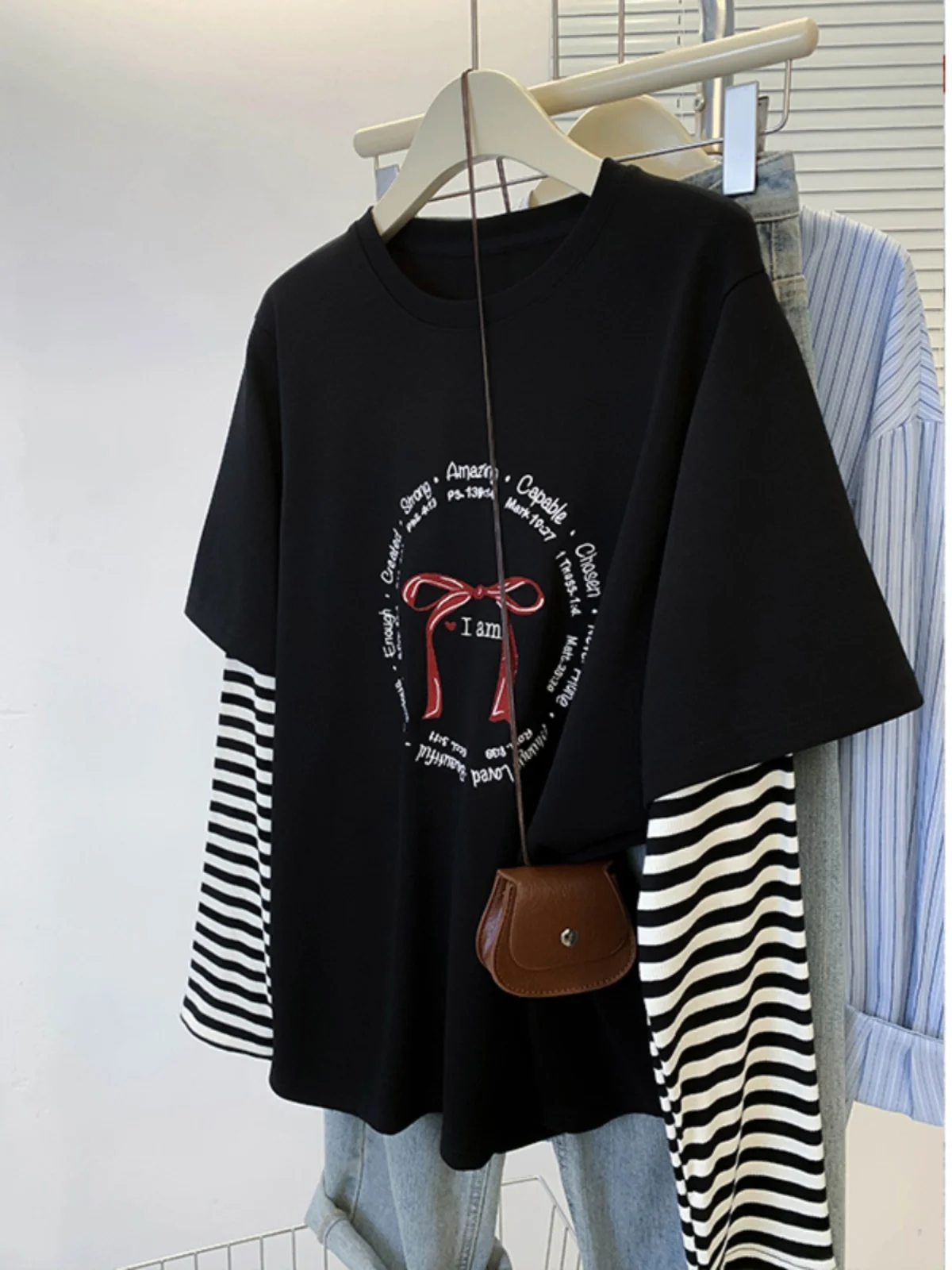 

Retro Hong Kong Sle Loose Fit Slimming Splice Sve T-irt Women's Autumn Winter Casual Sle Pure Cotton Long Sve Top