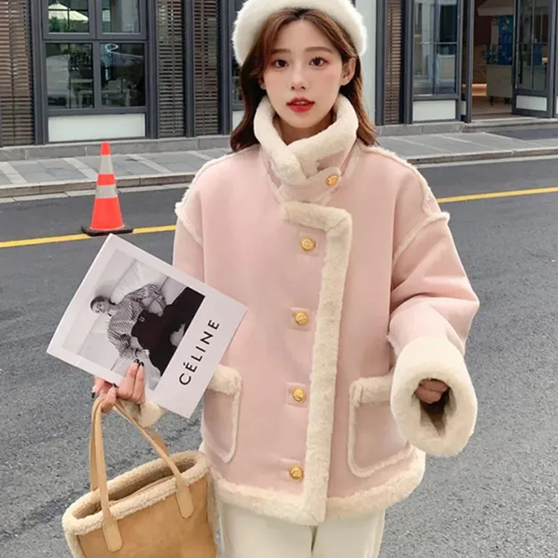 Lämmer Woll mantel Frauen Roll kragen pullover süß rosa Winter Kunst pelz Outwear flauschige dicke gepolsterte warme koreanische Jacke weibliche Tops