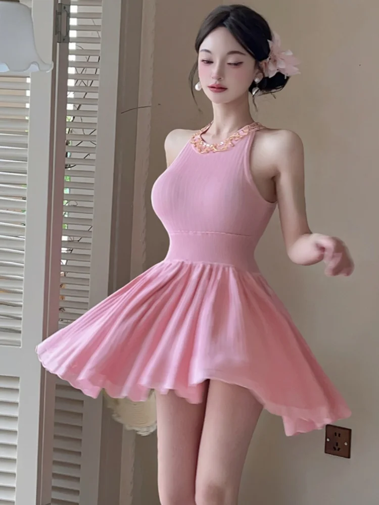 SMTHMA 작은 향기 스타일 라이트 럭셔리 비드 교수형 목 니트 드레스 여성을위한 하이 엔드 슬리밍 민소매 여름 드레스