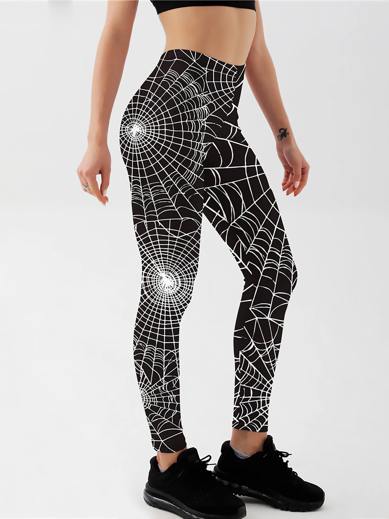 Qickitout Sexy Women\'s Black Leggings Print Spider Web Grid Push Up Fitness Legging Slim workout Legging