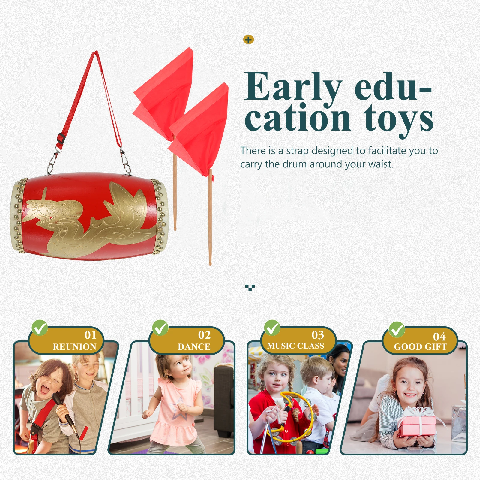 

1pc Dragon Pattern Waist Drum Red Wood Portable Traditional Chinese Performance Instrument For Kids Children Adults