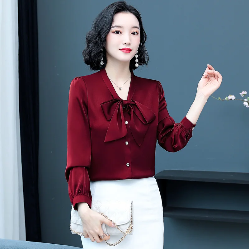 Authentische Seide Damen irt Frühling Herbst Maßgeschneiderte gerade Schnitt lange Sve Knoten reine Farbe Pendeln Sle