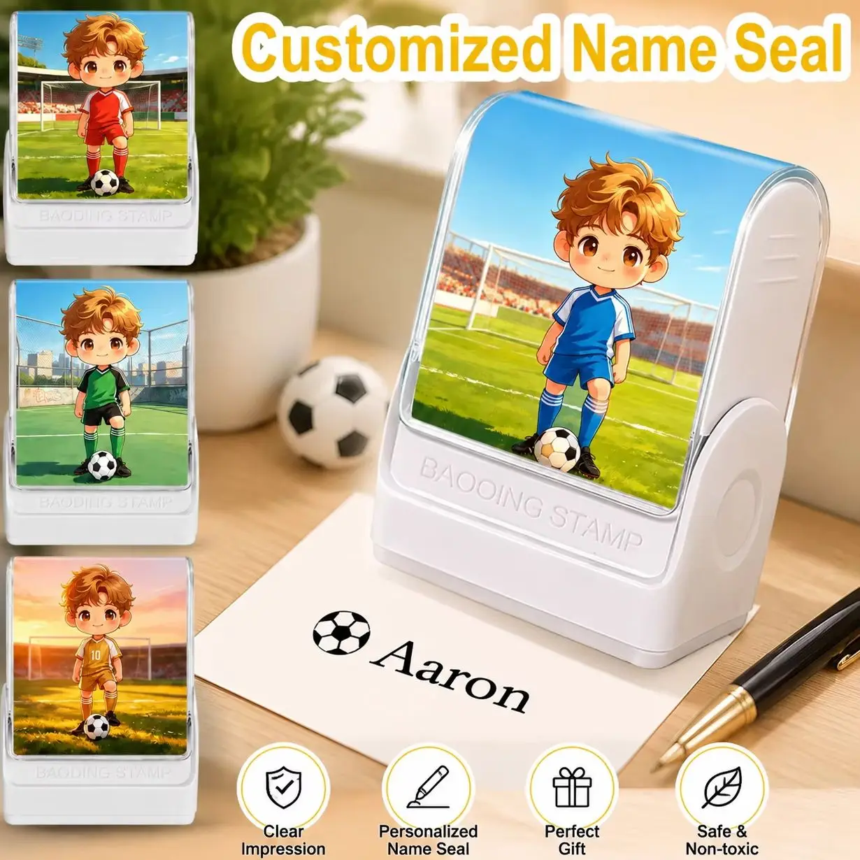 Custom Soccer Boy Name Stamp for Kids, Cartoon Football Player Personalized Self-Inking Clothing Name Seal for Boys School Unifo