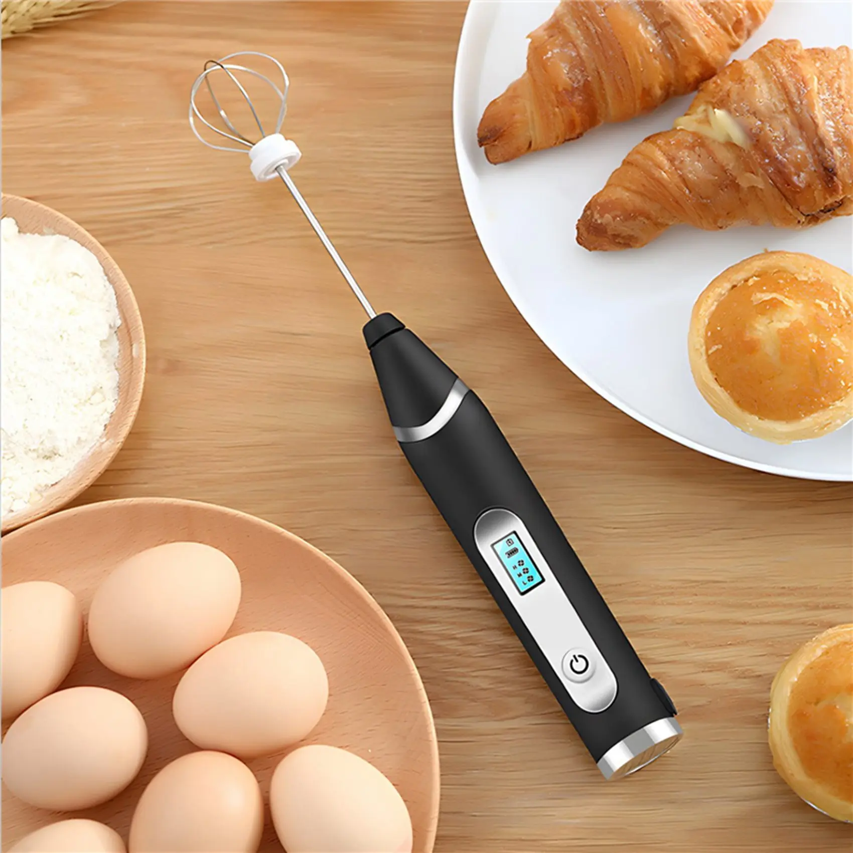 USB Recarregável Handheld Milk Frother, Misturador manual LCD, 3 Whisk de aço inoxidável, 3 velocidades, Frother elétrico