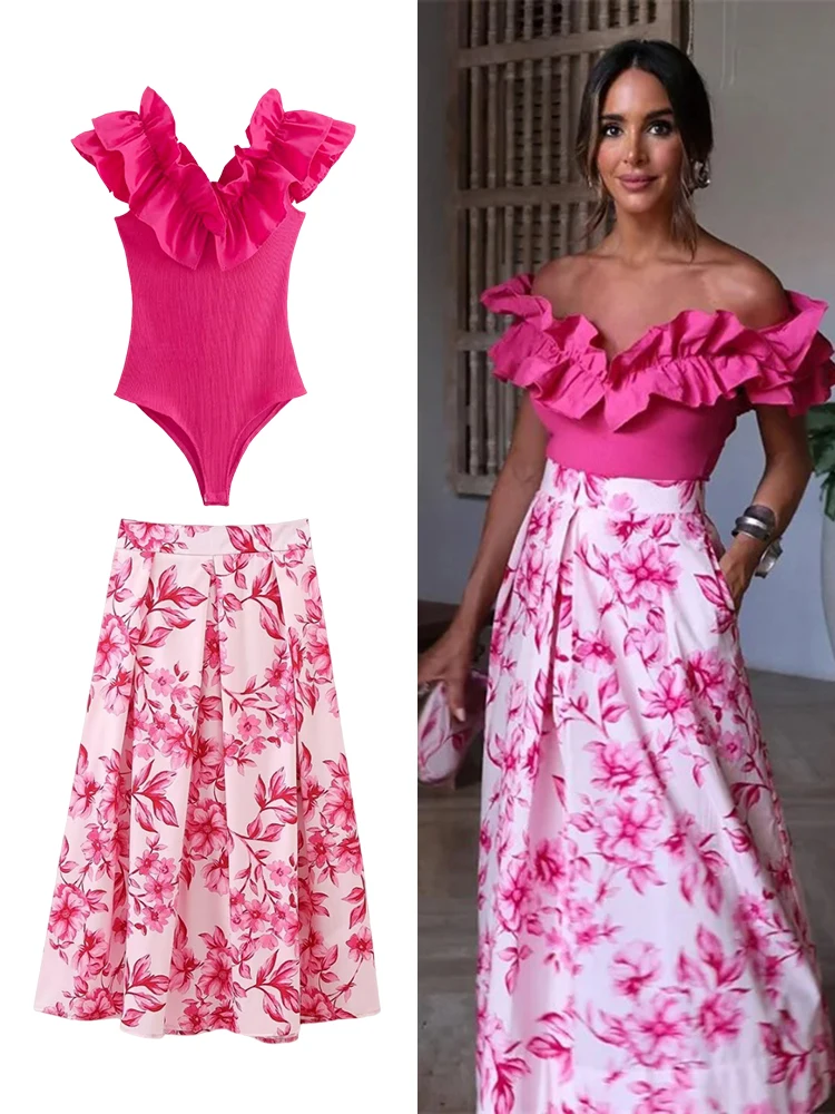 

Women's Floral Printing High Waist Pleated Long Skirt Fashion Sexy Ruffle Slimming Jumpsuit Top Elegant Women's Clothing