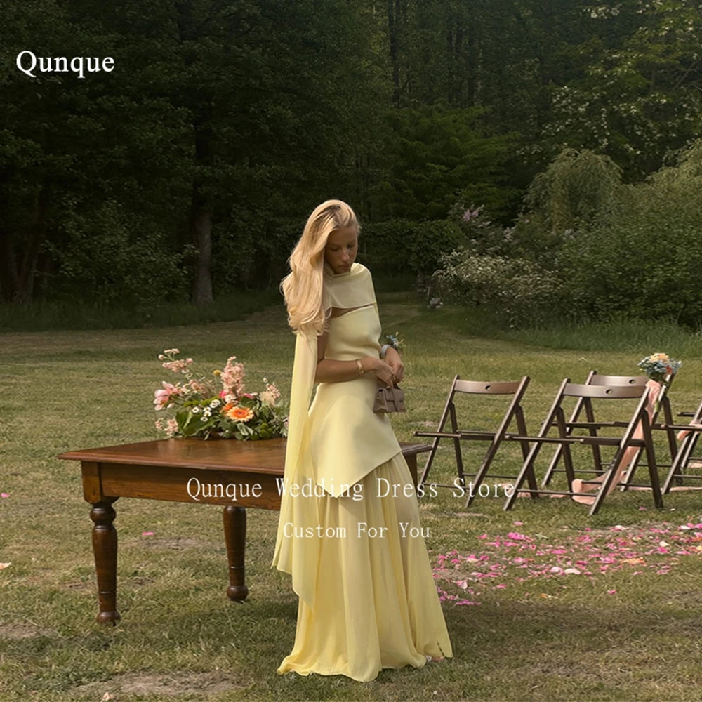 

Qunque Elegant Yellow Sleeveless A-line Prom Dresses With Cape Strapless Floor Length Party Dresses Evening Dresses Customized