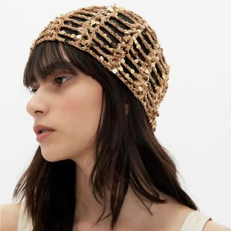 Comfortable Lace Crochet Headwear Handworks Glitter Embellishments Knitted Hat 