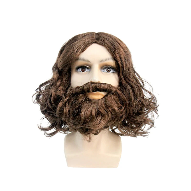 Braune gewellte synthetische Perücke mit Bart, Jesus-Stil-Haare für Cosplay, Halloween und Kostümpartys – Detail 1