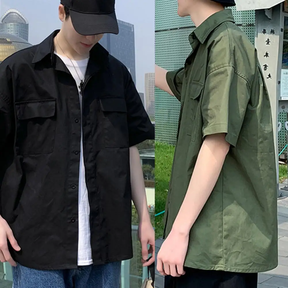 Men Top Shirt Loose Casual Blouse Short Half Sleeves Tooling Pocket Street Plain Top