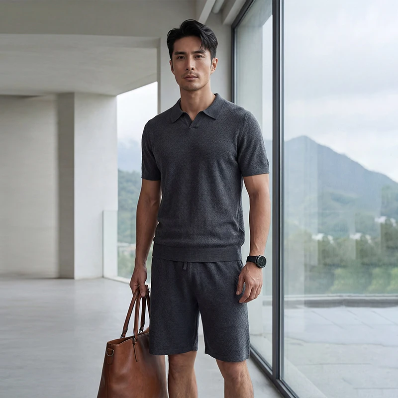 Spring And Summer High-End Men'S Suit Mulberry Silk Knitted Polo Shirt T-Shirt Fashionable Casual Shorts Two-Piece Men'S Outfit