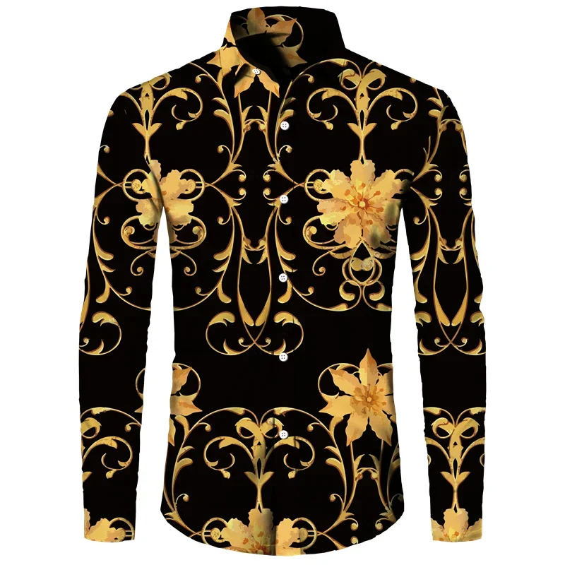 New 2024 Luxury Golden Flower Chain 3D Print Men Long Sleeve Shirt Casual Mens Designer Clothing Streetwear Lapel Button Shirts