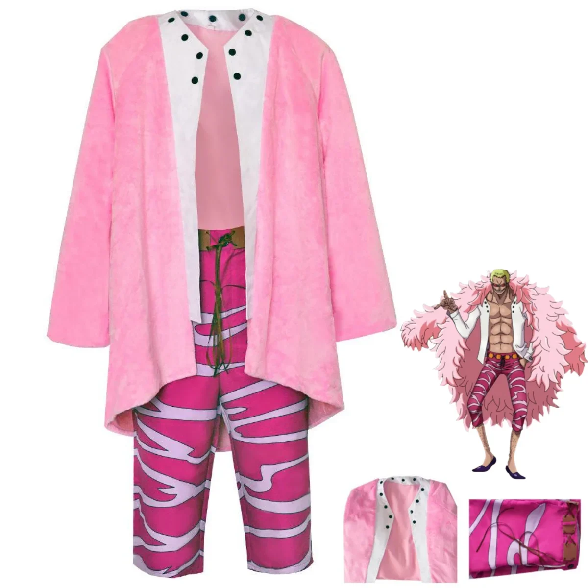 Anime Donquixote Doflamingo Cosplay Costume Oka Shichibukai King Pink Plush Cloak Shawl Man Halloween Masquerade Ball Suit