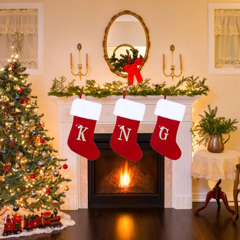 Large Velvet Letter Christmas Socks Decorative Sock For Festival Parties Small Goody Bag For Kids Holiday Living Room Decoration