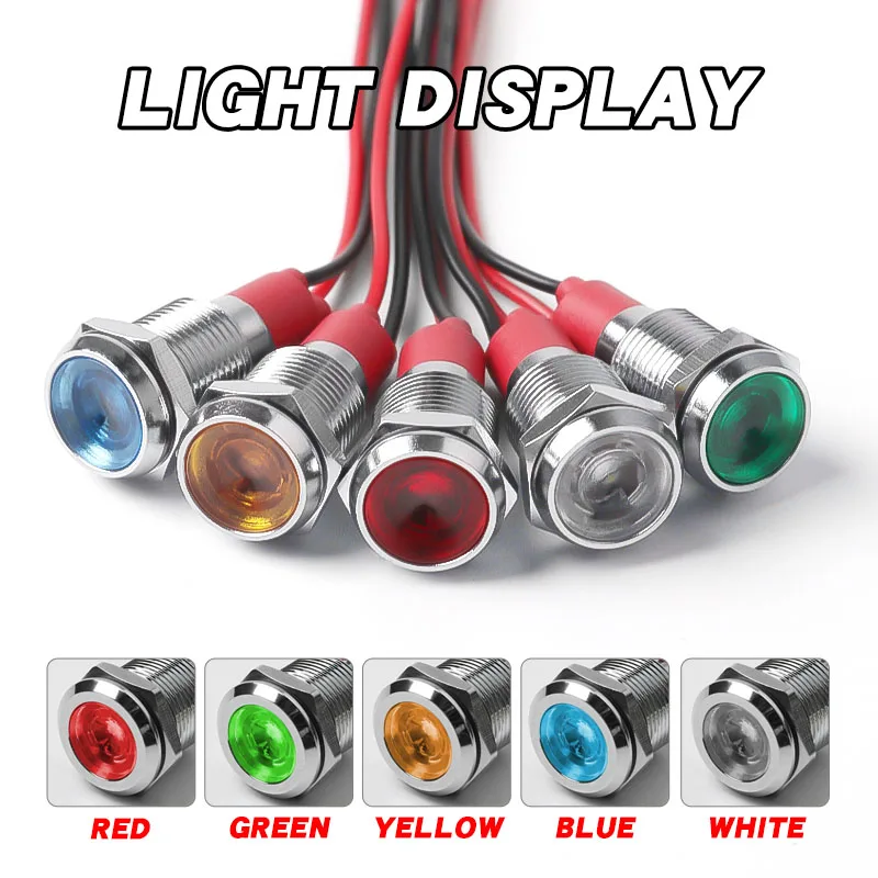 10mm LED Metal Indicator Light, High-Brightness Flat with Wire, Red, Green, Yellow, Blue and White, 12V / 220V Signal Light