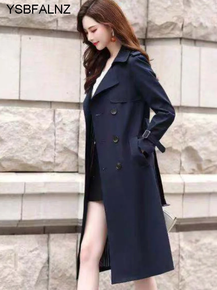 2023 Windbreaker Autumn Winter Women Lapel Double Breasted Trench Coats Office Long With Belt Lining Korean Fashion Clothing