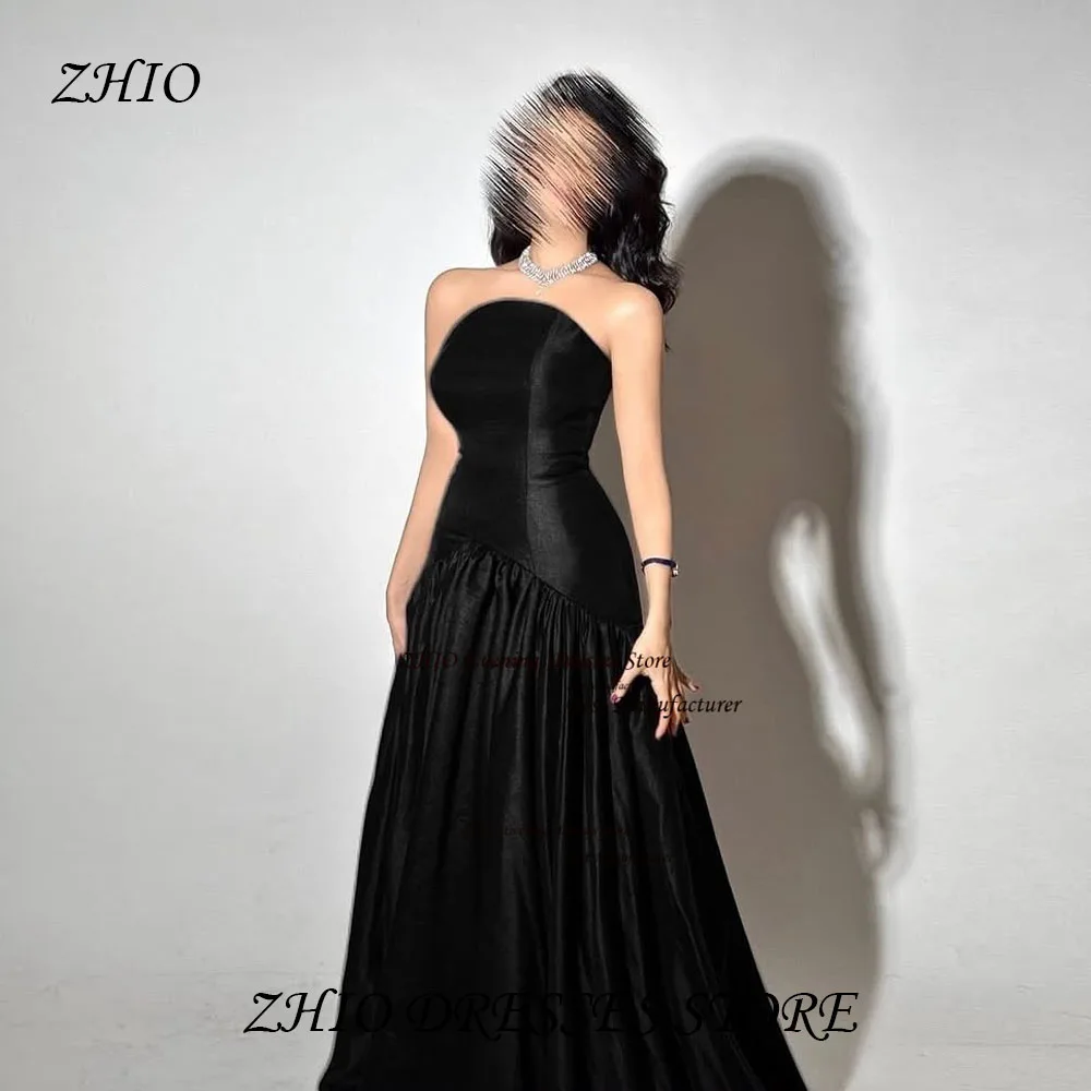 

ZHIO Simple Style Satin Evening Gown Pleats A Line Long Party Dress Strapless Sweep Train Prom Gown for Women Customized