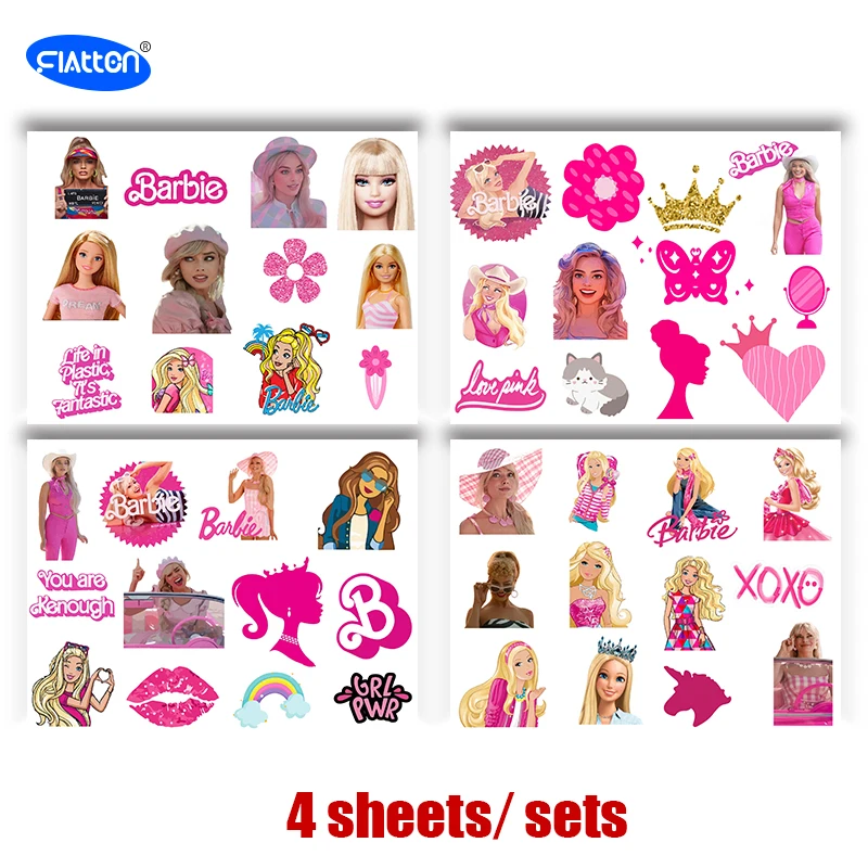 สติกเกอร์รอยสักบาร์บี้สำหรับเด็กและผู้ใหญ่ศิลปะบนเรือนร่างการ์ตูนปลอมสักชั่วคราวของเล่นแต่งหน้าของขวัญตกแต่ง4แผ่น
