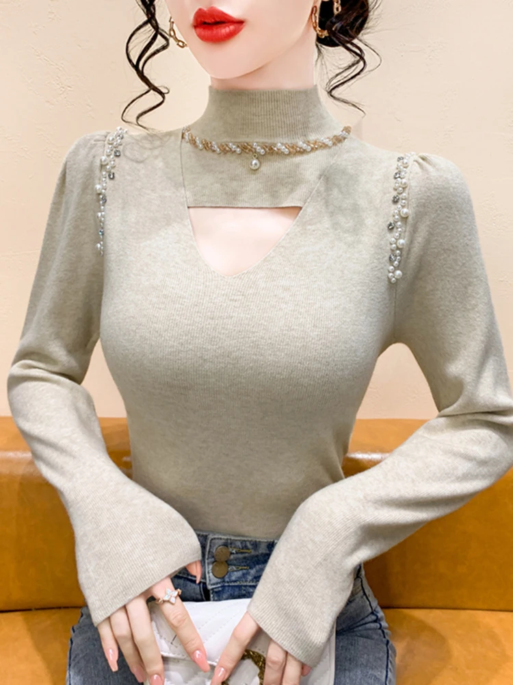 

Women's Knitted Base irt Heavy Embelliment f High Collar Slim Fit Inner Wear Top Sweater Commute Sle Korean Version