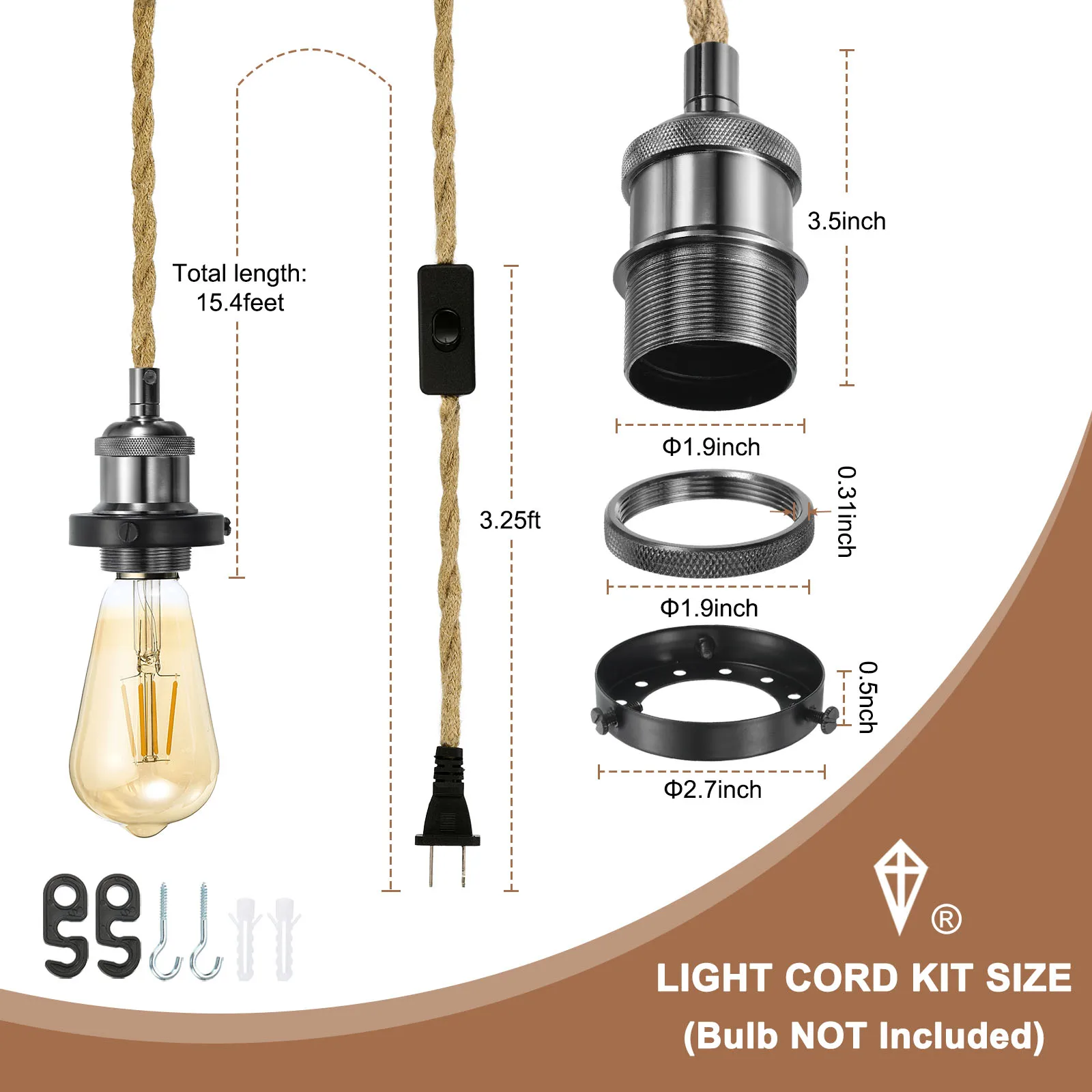 15.4Ft Pendant Light Cord Kit Plug in E26 Socket Hanging Light with Switch Wire Vintage Twisted Hemp Rope Bulb Socket Cord Cable