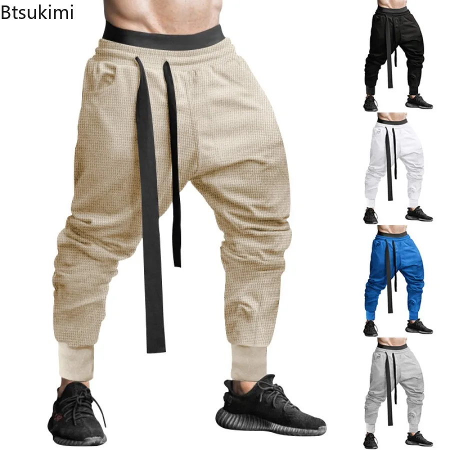 2024 New Waffle Pants Men's Hip Hop Solid Color Trousers Trend Male Streetwear Fashion Casual Loose Sweatpant for Men Young Teen