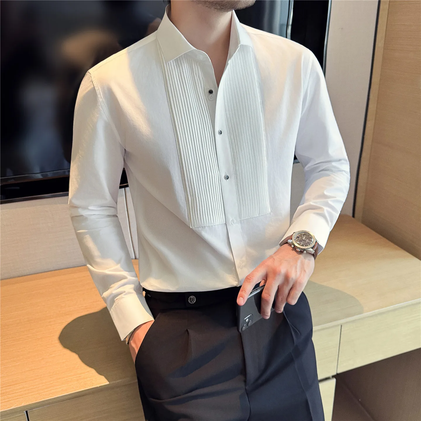 High Quality Modal Cotton Long Sleeved Shirt Fashion Pleated Design Formal Business Solid Color Slim Groom Wedding Dress Blouses