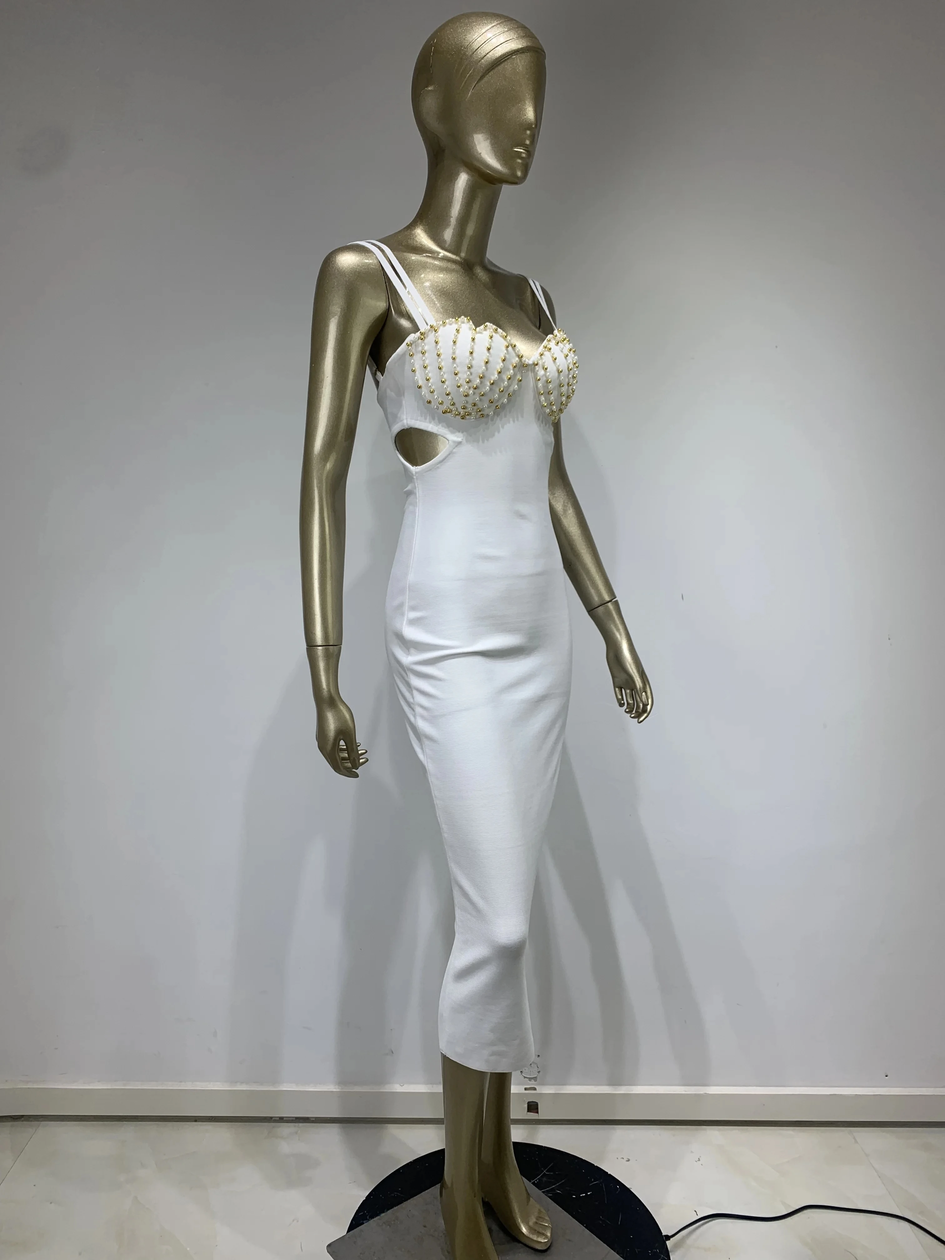 New Summer Fashion Women Sexy V Neck Beading White Black Bodycon Midi Bandage Dress 2024 Elegant Evening Club Party Dress