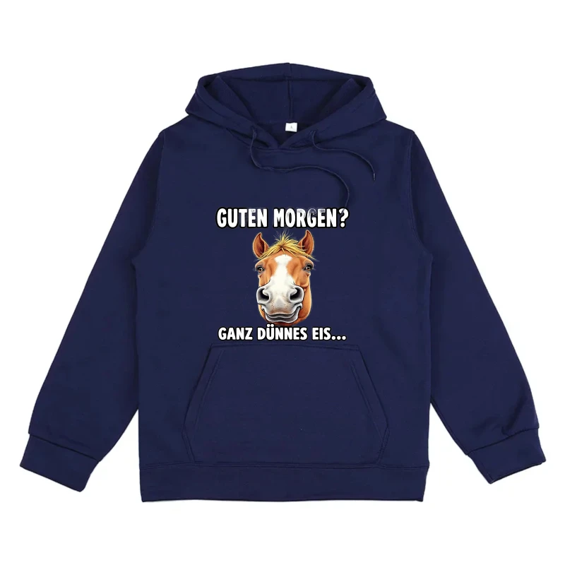 Sudadera con capucha para hombre y mujer con estampado de cara de caballo y Guten Morgen? Hielo muy fino... Texto para uso casual, regalo de humor, atuendo diario