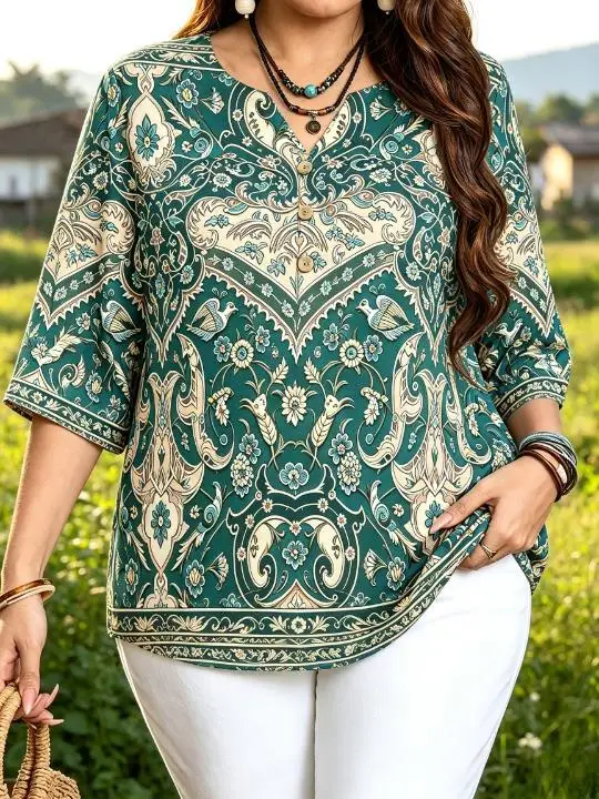 Women Vintage Bird Floral Paisley Print Blouse For Curvy Figures Notched Neck 3/4 Sleeve Loose Casual Ladies Tops