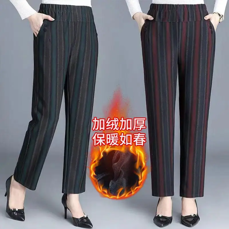 

Winter Vertical Striped Straight Pants for Women High Waist Thick Stretch Leggings Keep Warm Casual Regular Fit Outside T200