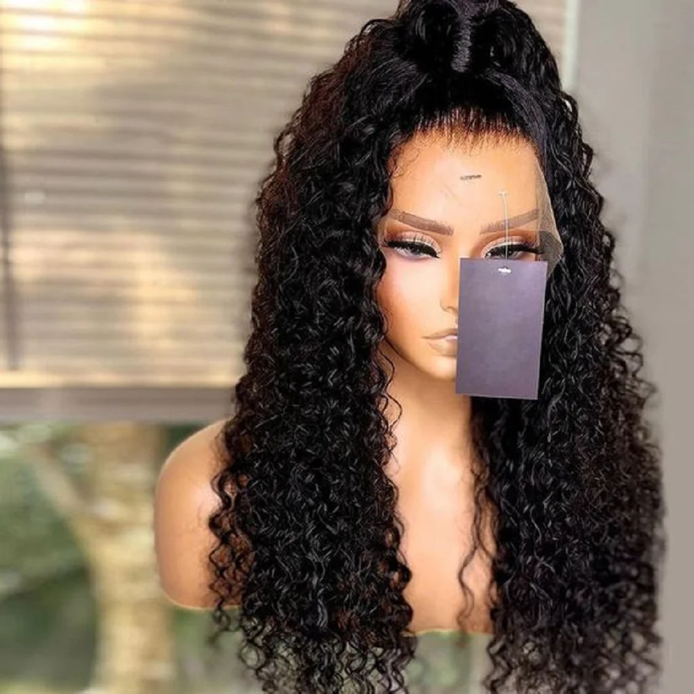 Rambut palsu panjang 26 inci ketebalan 180 Wig depan renda keriting hitam ikal panjang untuk wanita hitam rambut palsu alami mulus tanpa lem garis rambut