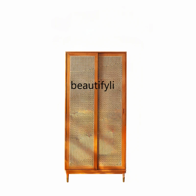 

Wardrobe Bedroom and Household Vintage Rattan Solid Wood Glass Sliding Door Wardrobe Floor Storage