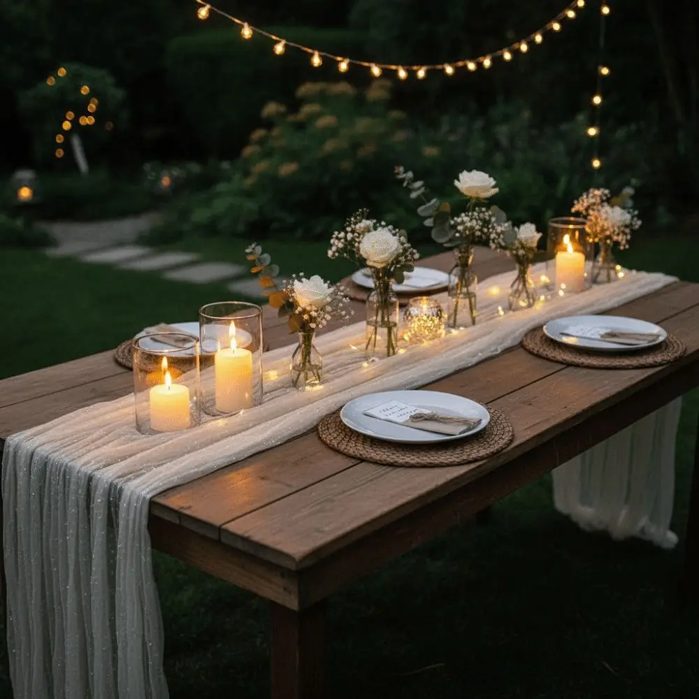 

Semi-Sheer Cheese Cloth Table Runner Multicolor Shimmer Boho Rustic Gauze Fine Flash Country Gauze Tablecloth Birthday Party